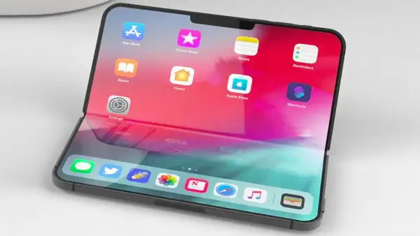 Koncepcyjny iPhone flip z ekranem podzielonym na dwie części, wyświetlający ikony aplikacji.