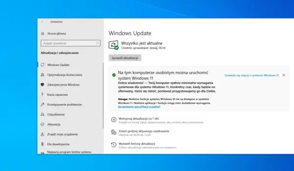 Ekran ustawień systemu Windows 11, sekcja Windows Update. Komputer spełnia wymagania, można uruchomić system Windows 11.