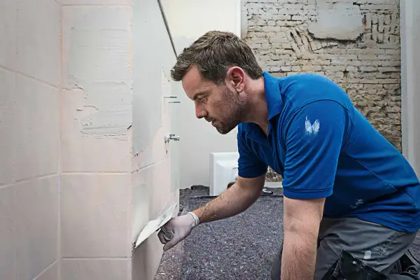 Mann spachtelt Fliesen mit einer Kelle. Er trägt Handschuhe und ein blaues Polohemd.