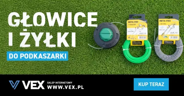 Zielona i szara żyłka wędkarska o różnej grubości do podkaszarki, na tle trawy.