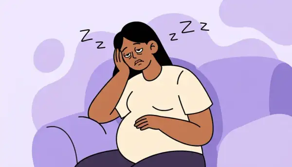 Ilustración de una mujer embarazada con cansancio extremo en el primer trimestre, apoyando la cabeza en la mano y con ojeras.