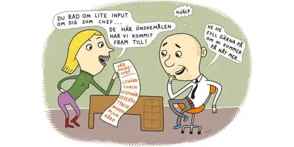En kvinna presenterar en lista med bra chef egenskaper för en manlig chef. Han verkar lite överväldigad.