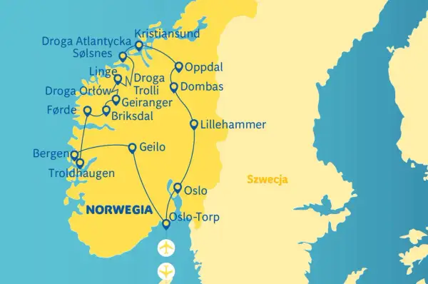 Mapa Norwegii z zaznaczonymi trasami: Droga Atlantycka, Droga Orłów, Geiranger, Bergen, Oslo. Idealne miejsca, gdzie warto pojechać!