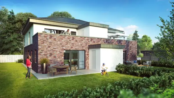 Modernes Haus mit Garten in Hamburg. Ein Kind fährt Rad, eine Frau gießt Pflanzen. Der Bodenrichtwert Hamburg ist hier hoch.