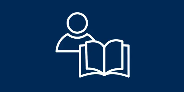 Eine Person mit einem offenen Buch. Das Symbol steht für die Definition von "lesen" und das Erlernen von Wissen.