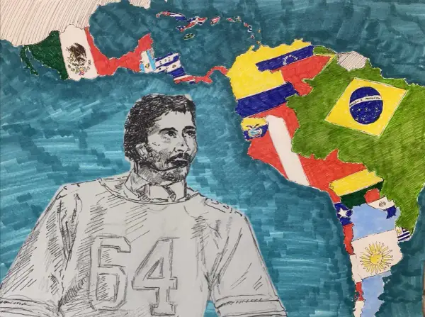 A sketch of a man with a mustache and jersey number 54 stands before a map of Latin America, its countries depicted with their flags, celebrating the region's diverse latin american artists.