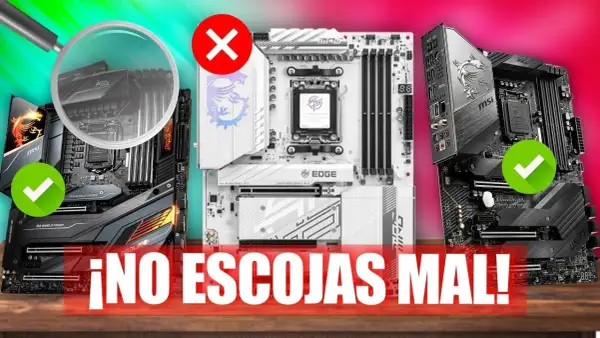 Comparativa de tipos de placa base: una negra con check verde, una blanca con cruz roja y otra negra con check verde. ¡No elijas mal!