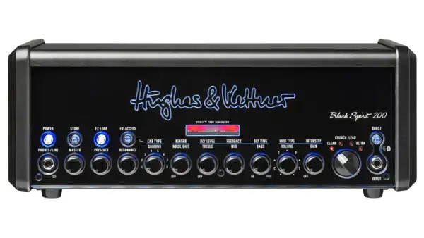 Czarny wzmacniacz gitarowy Hughes & Kettner Black Spirit 200 z licznymi pokrętłami i przyciskami.