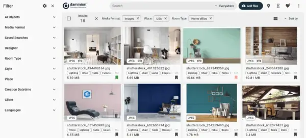 A self-hosted digital asset management interface displays various home office images, filtered by "Images," "USA," and "Home office.