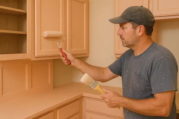 Uomo con cappellino applica laccatura legno a mobili da cucina con rullo e pennello.