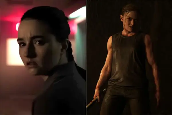 Zwei Szenen aus "The Last of Us": Links eine junge Frau mit Zopf, rechts Abby, muskulös und nass, mit einem Stock.