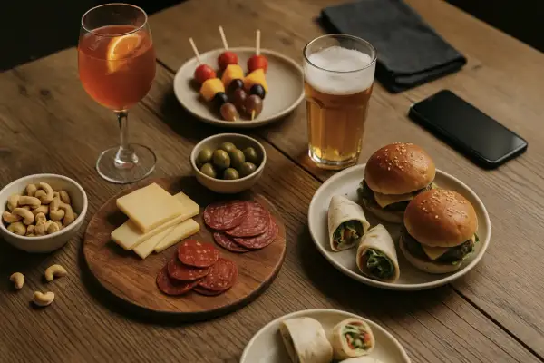 En härlig buffé med sliders, wraps, ost, salami, nötter, oliver, fruktspett, öl och en drink. Perfekt för en AW med jobbet.