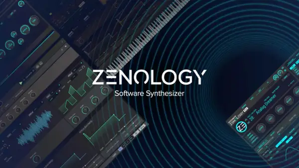 The Roland ZENOLOGY VST3 software synthesizer interface, featuring a virtual keyboard and detailed sound design controls.