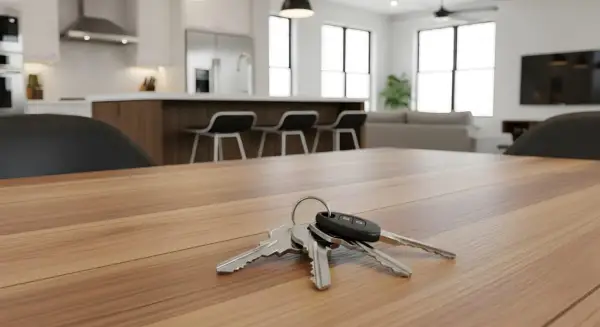 Clés sur une table en bois, symbolisant la vente d'un appartement loué. Cuisine moderne et salon en arrière-plan.