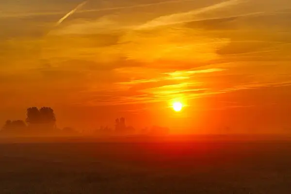 Een gloedvolle zonsopgang boven een mistig veld. De zon, een heldere bol, kondigt het wakker worden van de dag aan, met oranje en gele tinten die de hemel vullen.