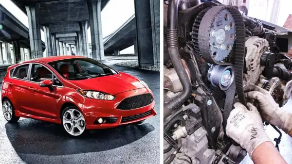 Röd Ford Focus 1.0 EcoBoost. Till vänster en bil, till höger en mekaniker som byter kamrem. Ford Focus 1.0 ecoboost kamremsbyte pris.