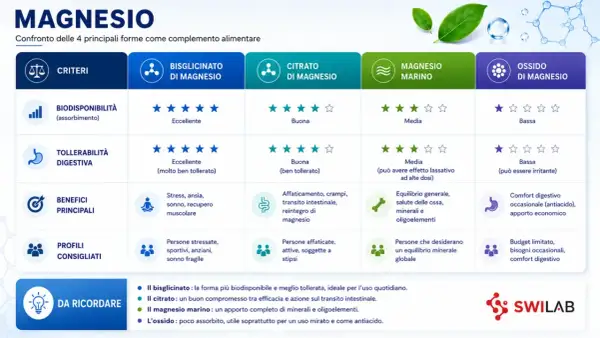 Magnesio: scopri a cosa serve e quale forma scegliere per i tuoi bisogni. Confronto tra bisglicinato, citrato, marino e ossido.