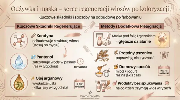 Kluczowe składniki i metody pielęgnacji włosów po koloryzacji: keratyna, pantenol, olej arganowy, maska pod folią, proteiny pszenicy, domowe sposoby i produkty bez spłukiwania.