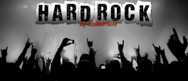 Tłum fanów z rękami w górze, pozdrawiający ulubione hard rock zespoły. W tle napis "HARD ROCK".