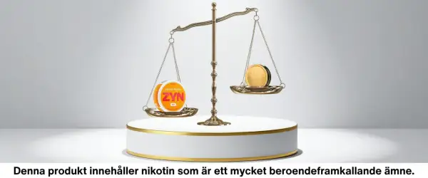 En guldvåg balanserar två dosor prillor: en med ZYN Lemon Spritz och en med General.