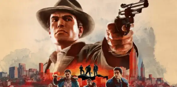 Mafia 2 czas gry: mężczyzna w kapeluszu celuje z rewolweru, w tle miasto i inni gangsterzy.