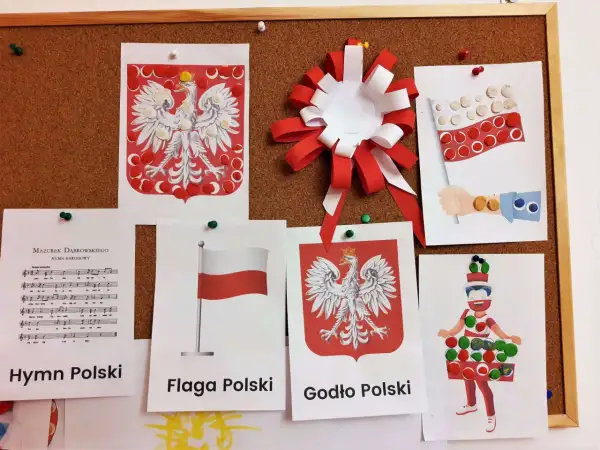 Praca plastyczna na dzień niepodległości: godło, flaga, hymn Polski, kokarda narodowa i postać w stroju biało-czerwonym.
