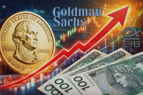 Złoty dolar i polskie banknoty na tle wykresów giełdowych. Czy warto inwestować w dolary? Goldman Sachs analizuje rynek.