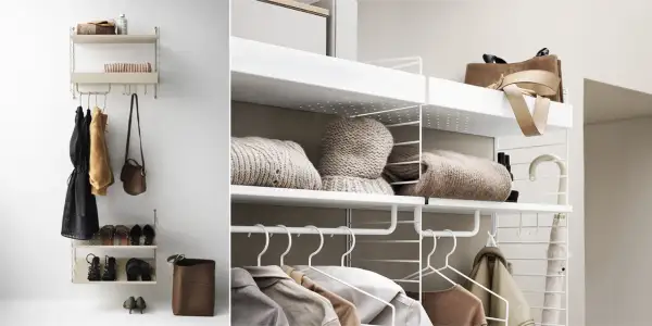 Stringhylla inspiration: kläder, väskor och skor organiserade på stilrena hyllplan. Stickade plagg och accessoarer ger en mysig känsla.