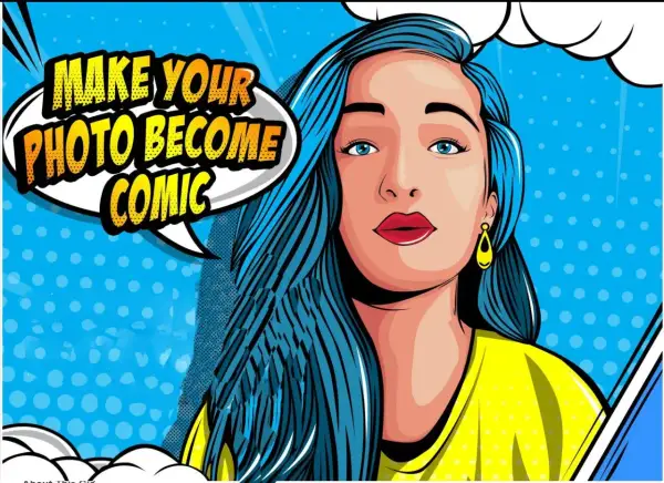 A woman with blue hair and a yellow shirt is depicted in a comic book style. A speech bubble says "Make your photo become comic.