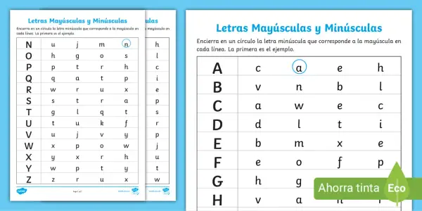 Hojas de fichas letras mayúsculas para imprimir con ejercicios de emparejar mayúsculas y minúsculas.