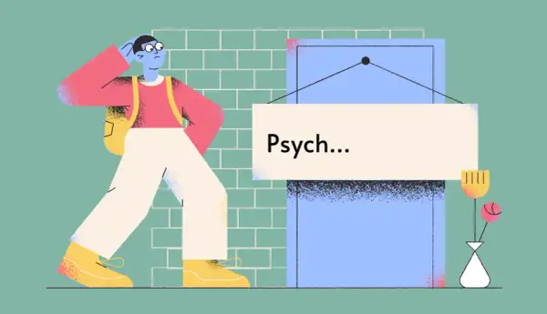 Zastanawiasz się, psychoza co to? Postać z plecakiem idzie w stronę drzwi z napisem "Psych...".
