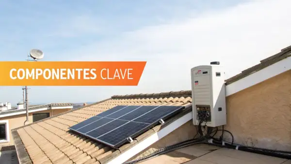 Componentes clave para saber como instalar una placa solar: paneles solares y un inversor en un tejado.