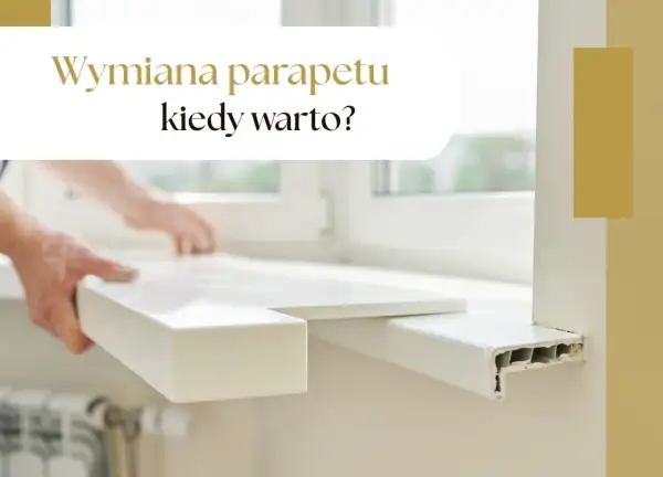 Ręce montują nowy, biały parapet wewnętrzny. Stary, zniszczony parapet jest widoczny obok.