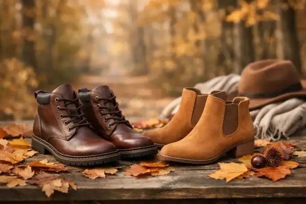Stivaletti in cuoio marrone e scamosciati color caramello, su un tavolo di legno autunnale con foglie cadute.