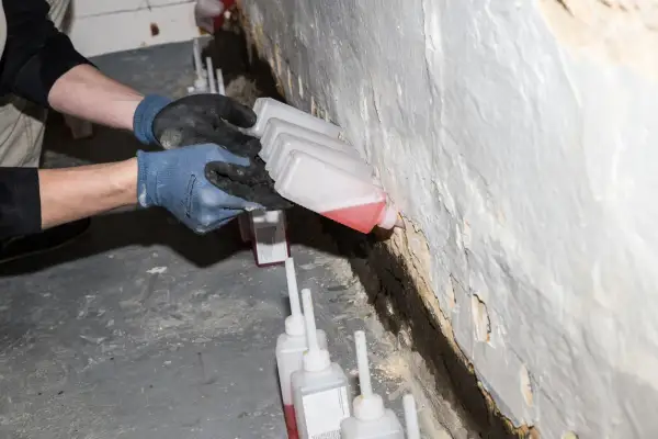 Hände mit Handschuhen führen kleine Flaschen mit roter Flüssigkeit an eine Wand, um Schachtringe abzudichten.
