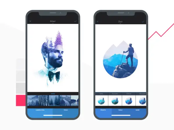 Dos pantallas de móvil muestran un editor de fotos android con efectos creativos: doble exposición en un retrato y un montañista en un paisaje circular.