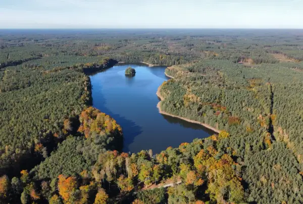 Malownicze jezioro Ostrowite Kujawsko-Pomorskie otoczone jesiennym lasem. Na środku jeziora mała, zielona wyspa.