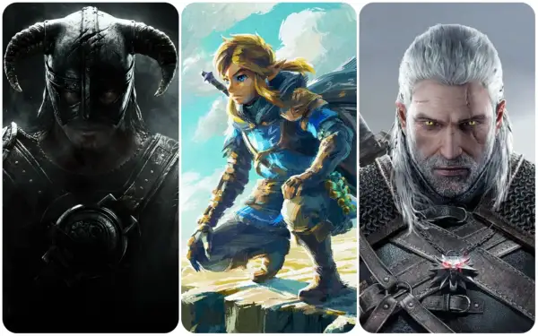 Trzy postacie z gier: wojownik z hełmem z rogami, Link z The Legend of Zelda i Geralt z Wiedźmina. To najlepsze gry singleplayer.