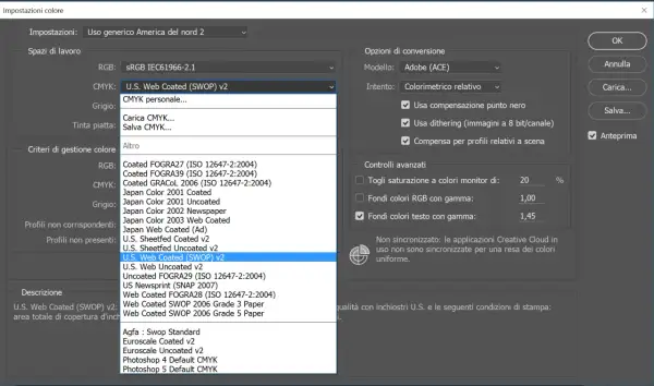 Finestra di dialogo "Impostazioni colore" con il menu a tendina CMYK aperto, che mostra "U.S. Web Coated (SWOP) v2" selezionato, un profilo colore comune per la stampa.