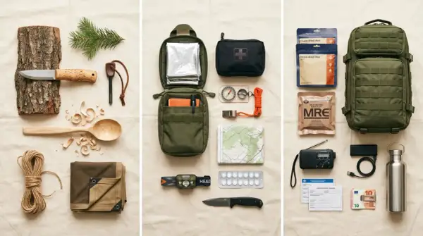 Kit de supervivencia con cuchillo, yesca, mapa, brújula, botiquín, raciones, radio y mochila. Todo el material bushcraft esencial para la aventura.