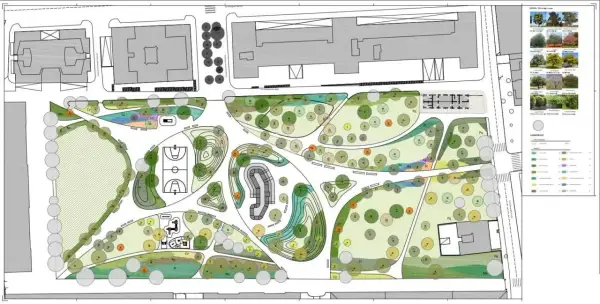 Progetto di riqualificazione urbana con aree verdi, campi sportivi e percorsi pedonali. La **superficie fondiaria** è dettagliata con piante e arredi.