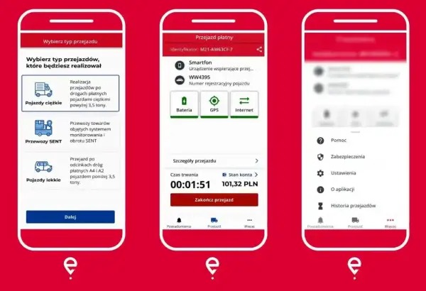 Aplikacja pokazuje, czy s7 jest płatna. Wybierz typ pojazdu: ciężki, SENT lub lekki. Widzisz też szczegóły przejazdu i stan konta.