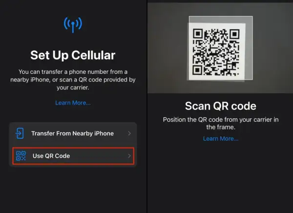 Configuration d'une carte eSIM : scannez le code QR de votre opérateur pour activer votre forfait mobile.