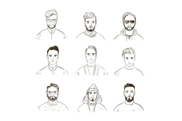 Neuf portraits d'hommes, certains avec une barbe, aux styles variés.