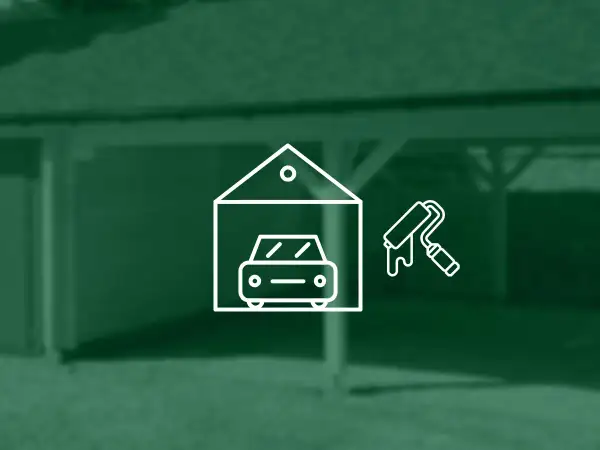 Icona stilizzata di un'auto in un garage con un rullo da pittura, suggerisce l'idea di verniciare tetto auto con bomboletta.