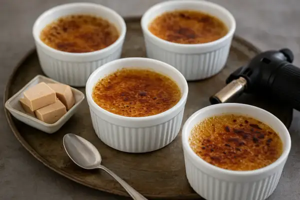 Quatre ramequins de crème brûlée au foie gras, prêts à être dégustés. Un chalumeau et des cubes de foie gras sont à proximité.