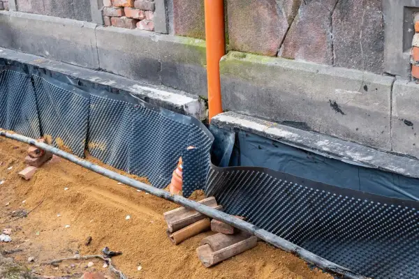 Baustelle mit Noppenbahn und Sand. Eine Horizontalsperre aus Bitumenbahn schützt die Wand vor Feuchtigkeit.
