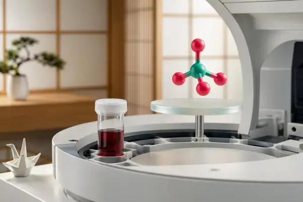 Model cząsteczki z zielonym atomem centralnym i czerwonymi atomami, obok probówki z czerwonym płynem. Może to symbolizować badania nad związkiem zawierającym fosfor.