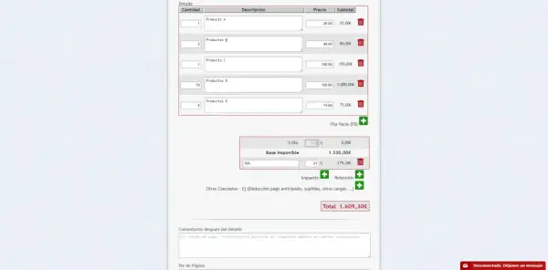 Detalle de productos con cantidades, precios y subtotales. La base imponible es 1.330,00€, el IVA 279,30€, sumando un total de 1.609,30€. El proforma significado se refleja en este resumen.