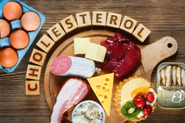 Drewniane klocki z napisem "CHOLESTEROL" otaczają jajka, masło, wątróbkę, kiełbasę, boczek, ser, sardynki i ciastko z owocami.